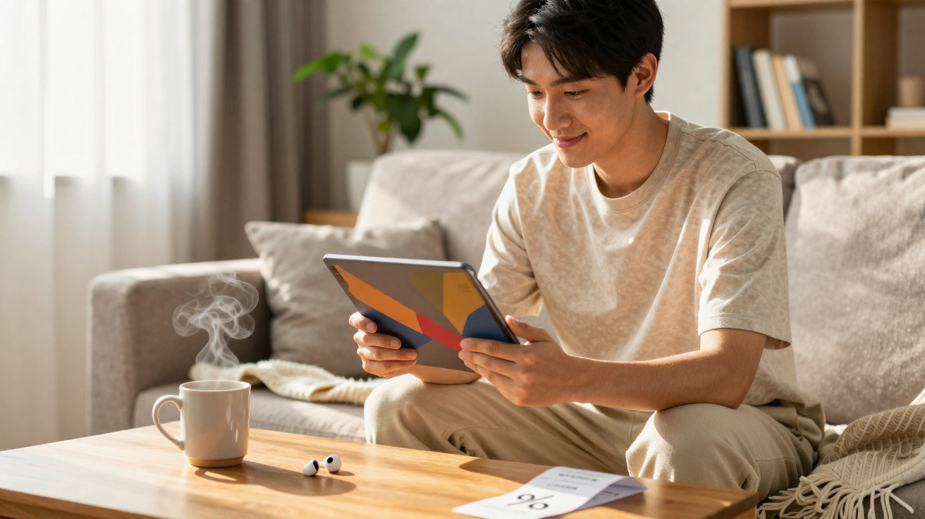 Jovem sentado no sofá segurando tablet, com xícara de café quente na mesa à sua frente.