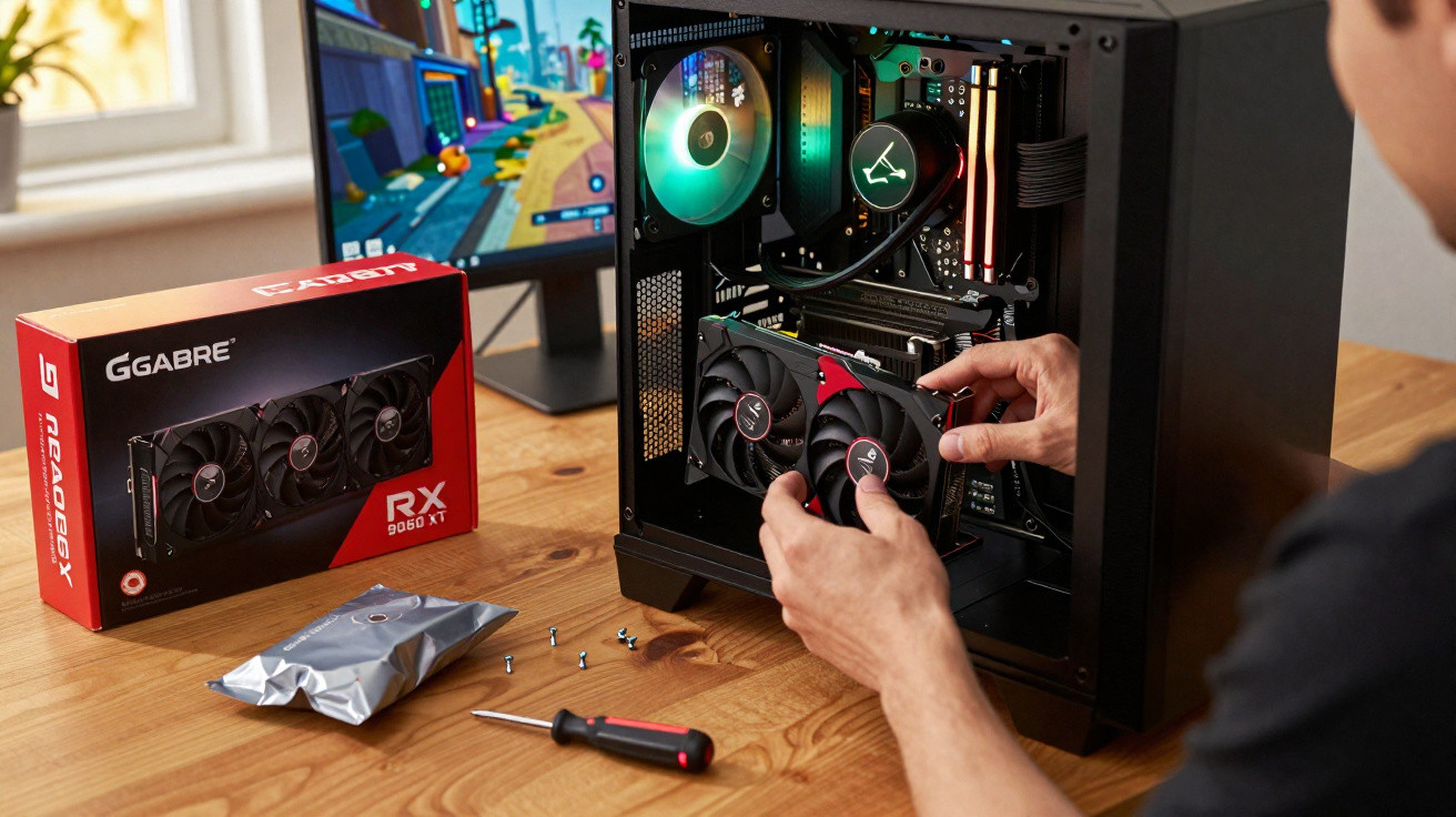 Pessoa instalando placa de vídeo RX 6600 XT em computador aberto sobre mesa de madeira.