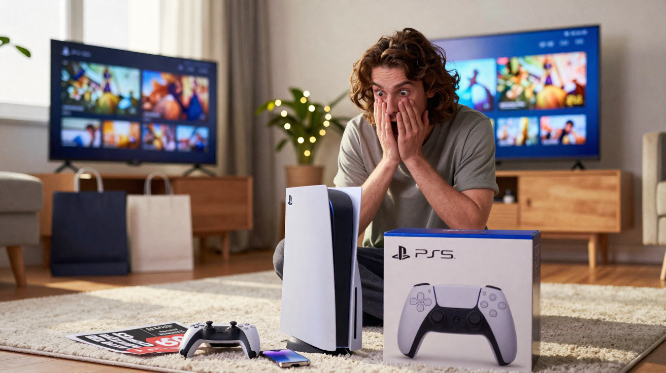 Jovem surpreso sentado no chão com console PlayStation 5 e controle diante de duas TVs na sala.
