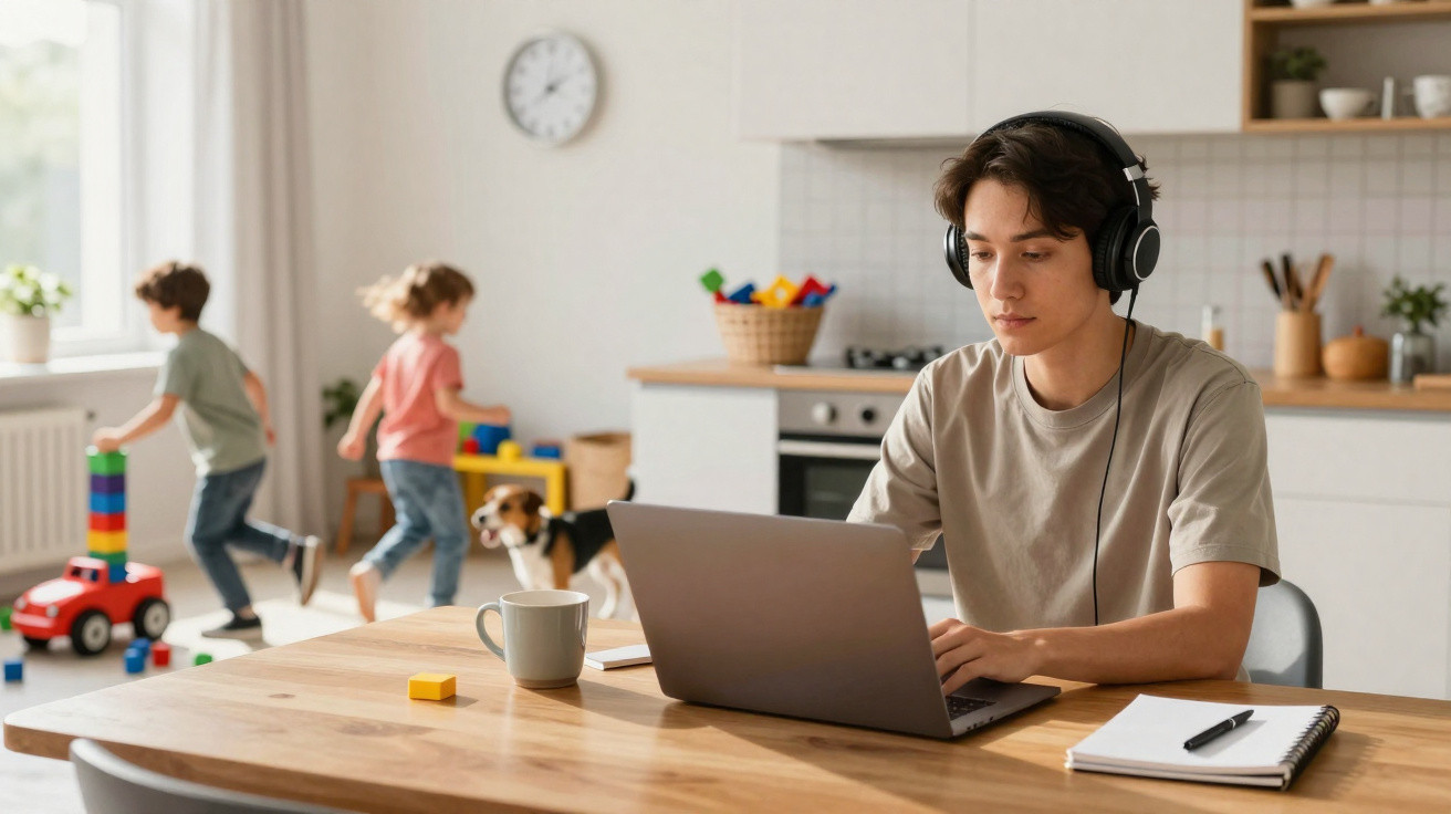 Jovem com fones de ouvido trabalhando no laptop à mesa enquanto crianças brincam ao fundo na cozinha.