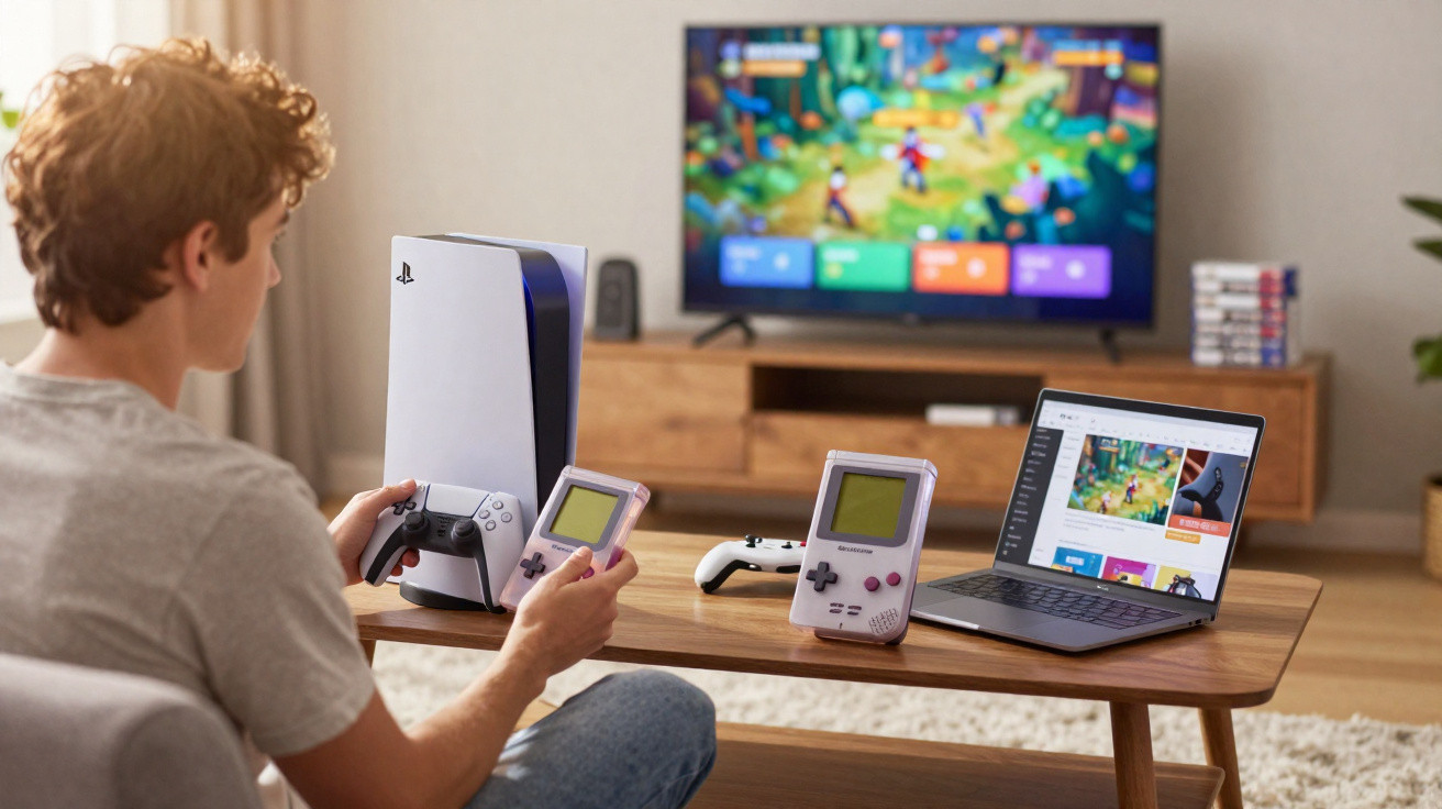 Pessoa segurando Game Boy Classic em sala com PlayStation 5, controles e laptop sobre mesa de centro.