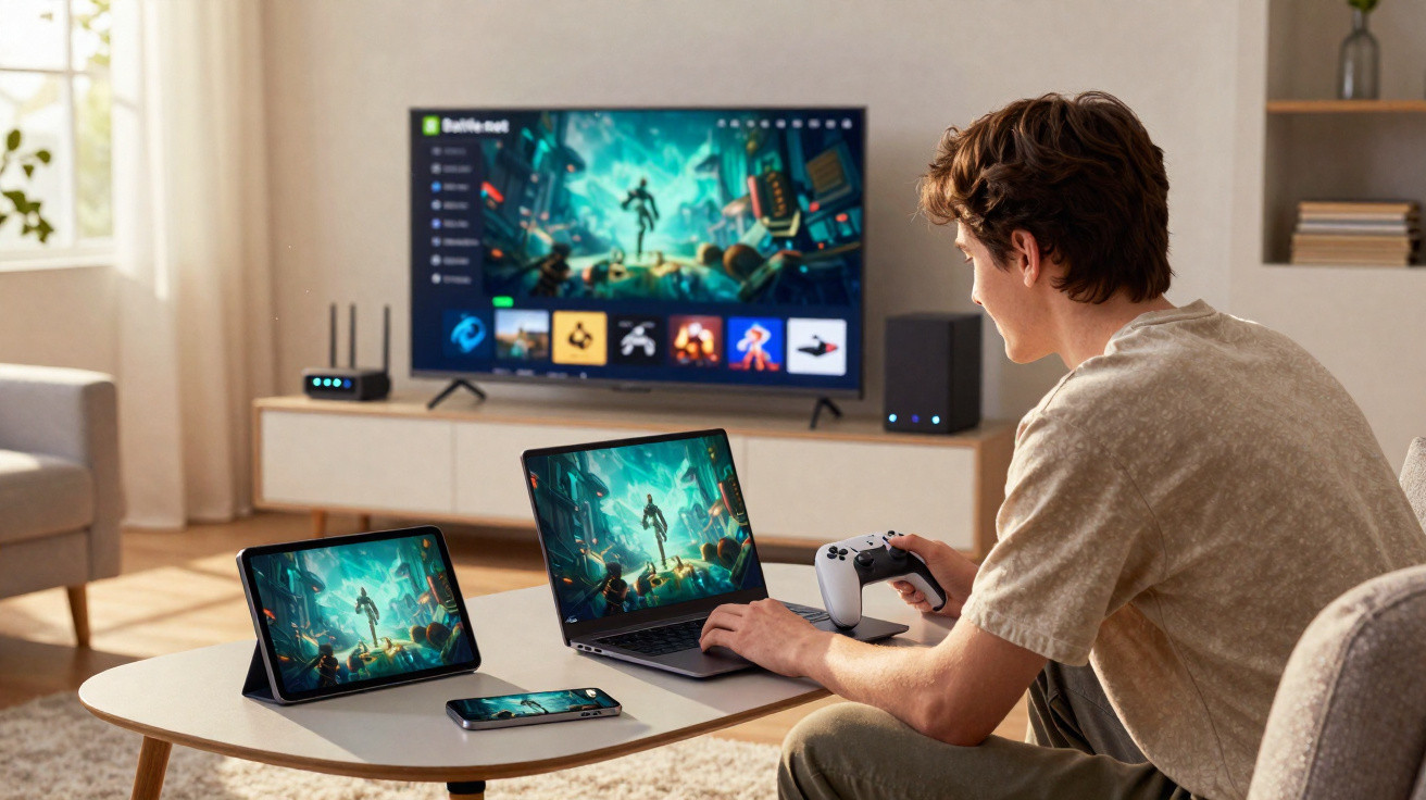Jovem sentado jogando videogame com controle, notebook, tablet e TV exibindo o mesmo jogo.