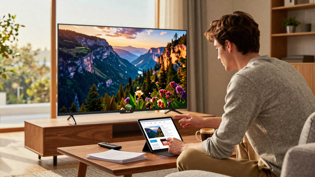 Homem sentado no sofá usando tablet enquanto TV exibe paisagem de montanhas e flores.
