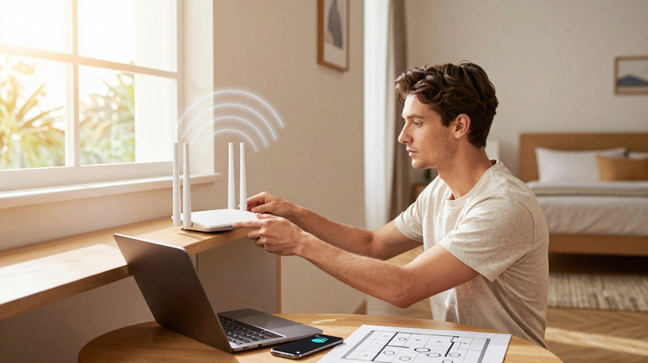 Homem ajusta roteador Wi-Fi enquanto trabalha com laptop em mesa de casa iluminada pela manhã.