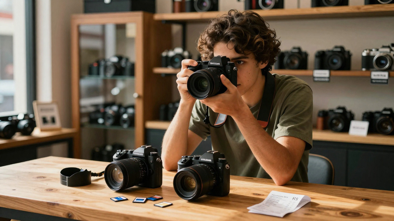 Jovem segurando câmera fotográfica, sentado à mesa com câmeras e cartões de memória em loja.