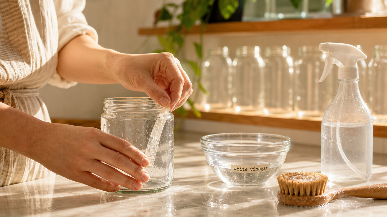 Mãos colocando tira de limpador biodegradável em pote de vidro, com vinagre branco, escova e borrifador.