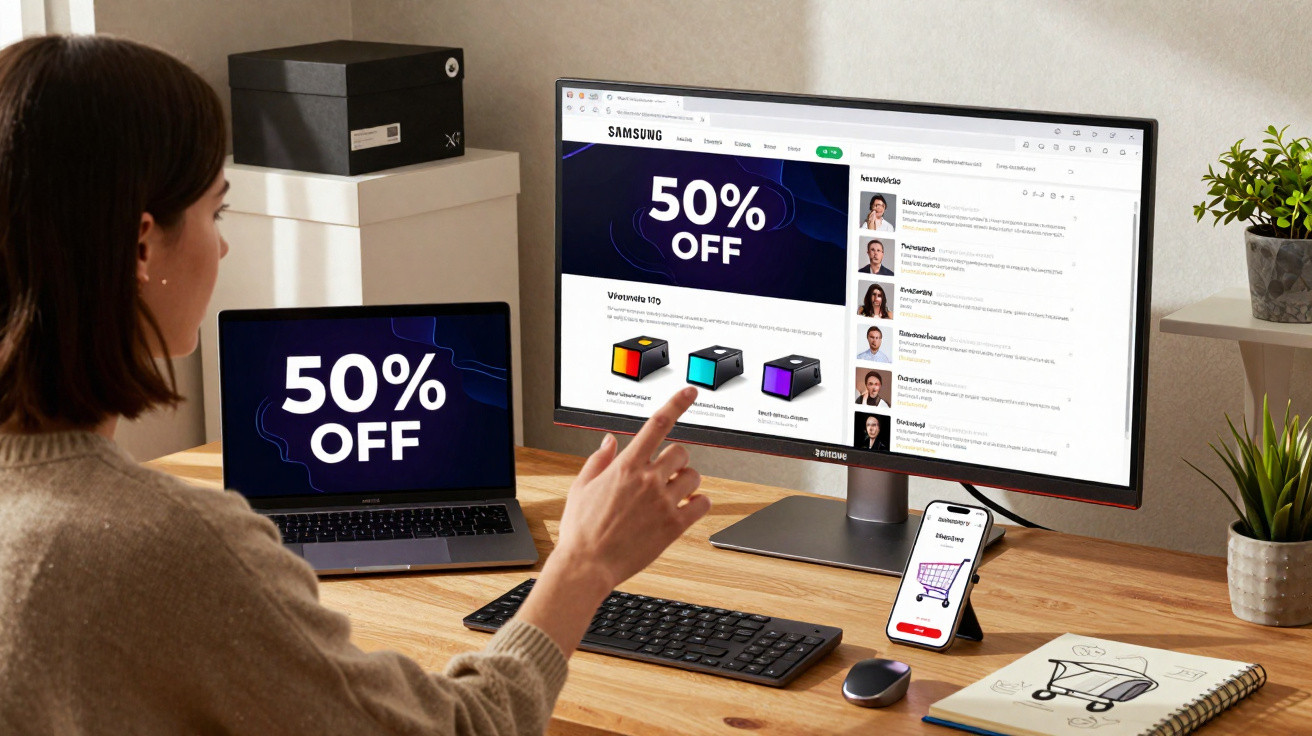 Pessoa navegando em site com promoção de 50% off em monitor, notebook e smartphone em mesa organizada.