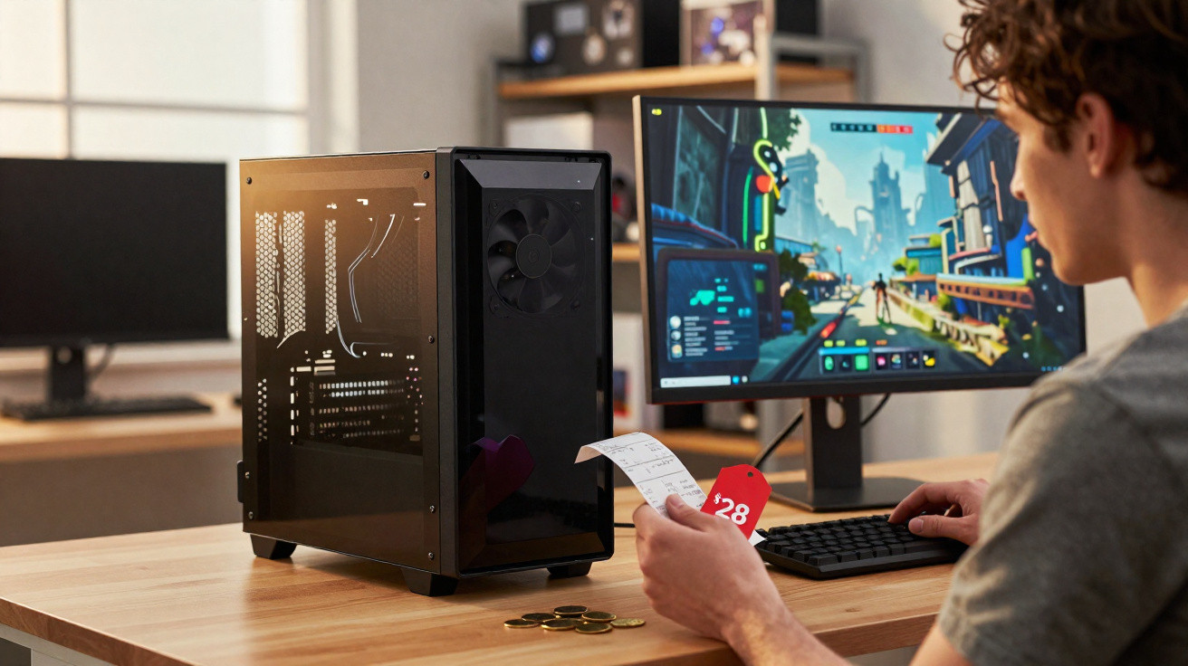 Pessoa jogando videogame no computador com fone de ouvido, segurando nota fiscal e etiqueta vermelha na mesa.