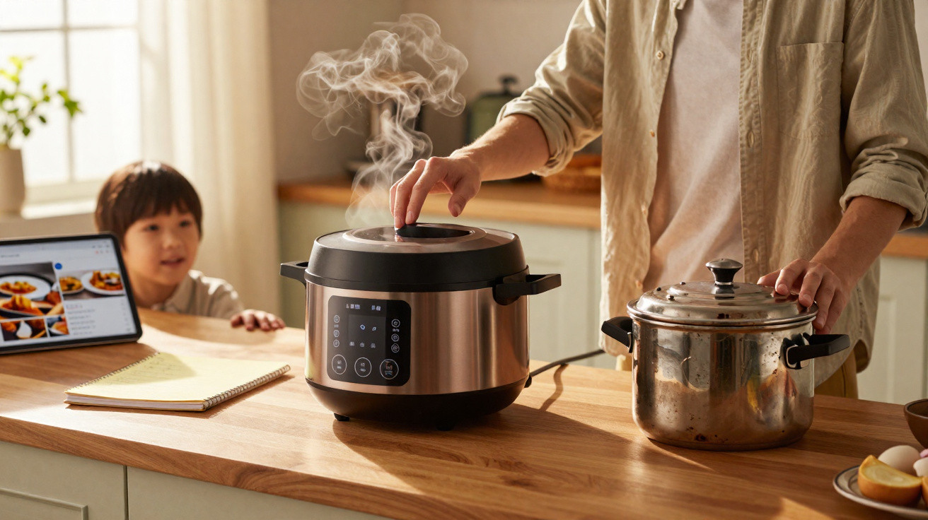 Pessoa fechando tampa de panela elétrica que solta vapor enquanto criança observa na cozinha.