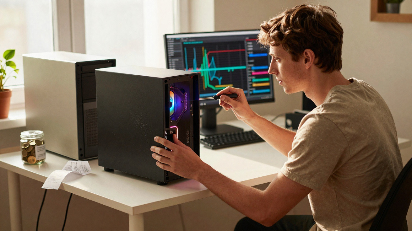 Homem ajustando hardware de computador desktop com monitor mostrando gráficos na mesa.