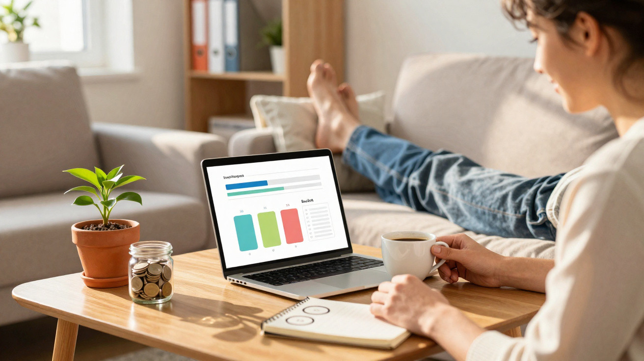 Mulher sentada no sofá com laptop aberto mostrando gráficos, segurando xícara e bloco de notas na mesa.