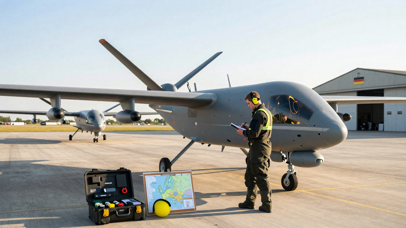 Homem com protetores auriculares faz anotações ao lado de drones militares estacionados em pista de aeroporto.