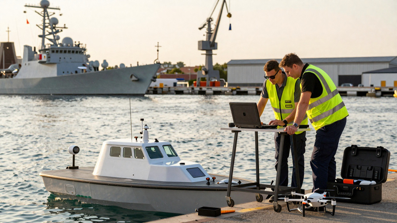 Dois homens com coletes refletivos operam equipamentos eletrônicos ao lado de barco e drone em porto.