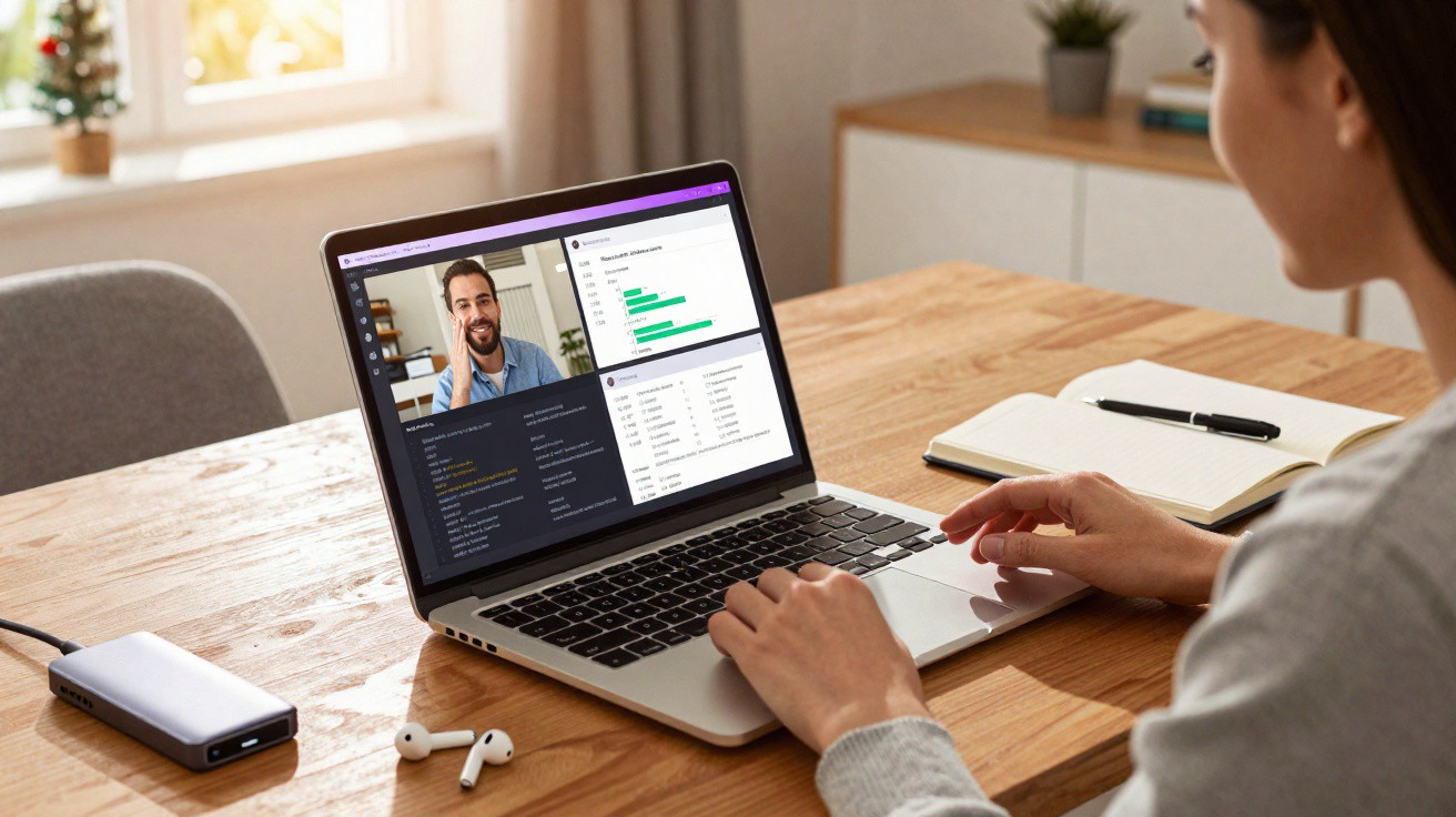 Pessoa participando de videoconferência em laptop com gráficos, texto e notebook aberto sobre mesa de madeira.