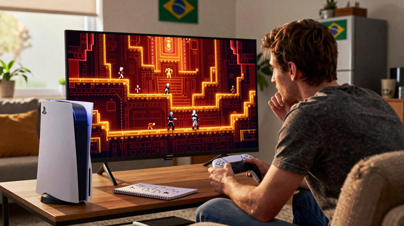 Homem jogando videogame em console PlayStation 5 em sala com bandeiras do Brasil ao fundo.