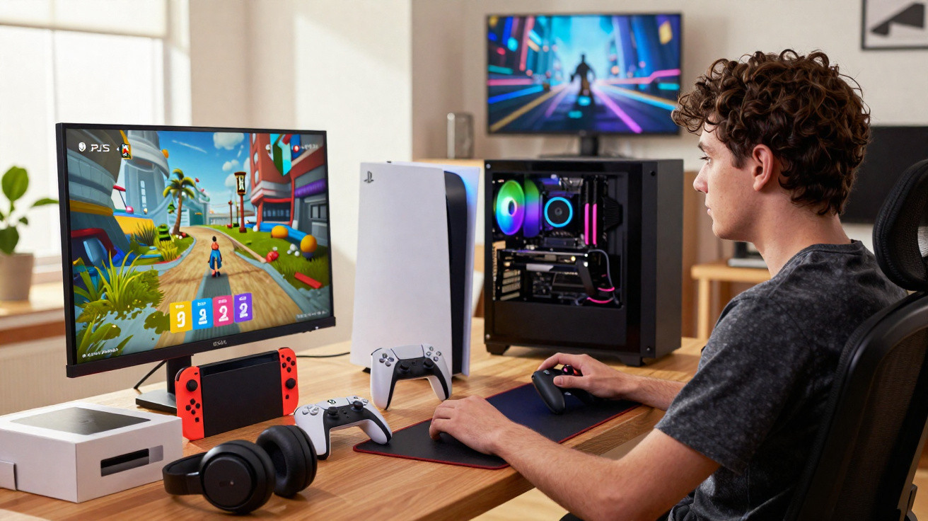 Jovem jogando videogame em desktop com console PlayStation 5, joystick e fones em mesa organizada.