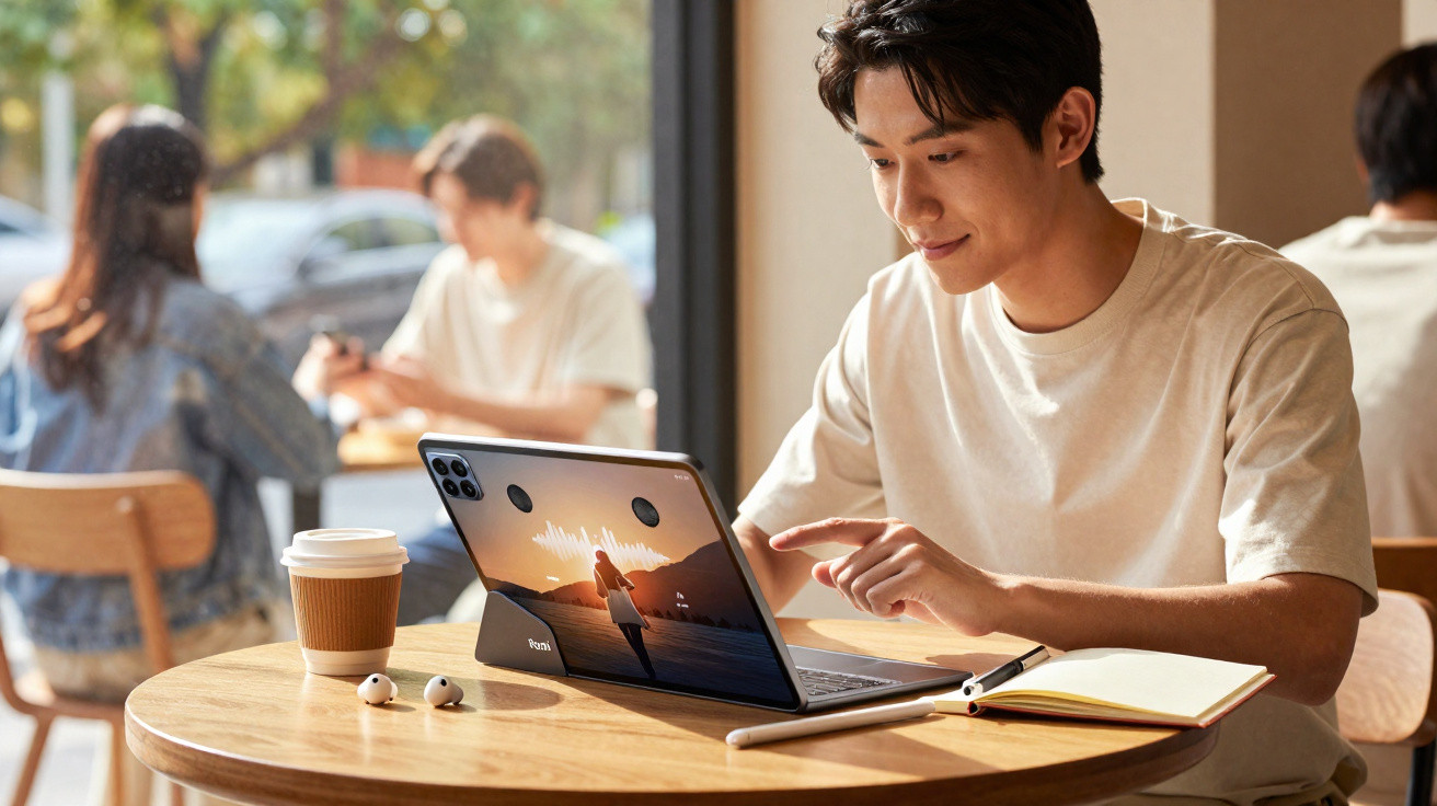 Jovem usando laptop dobrável em mesa de café com fones, caderno e copo descartável.