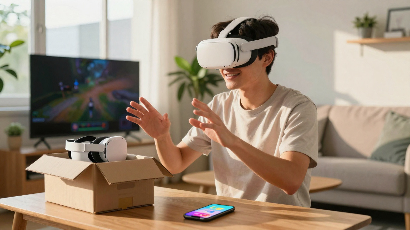 Jovem usando óculos de realidade virtual em sala de estar, com controle e celular sobre a mesa.
