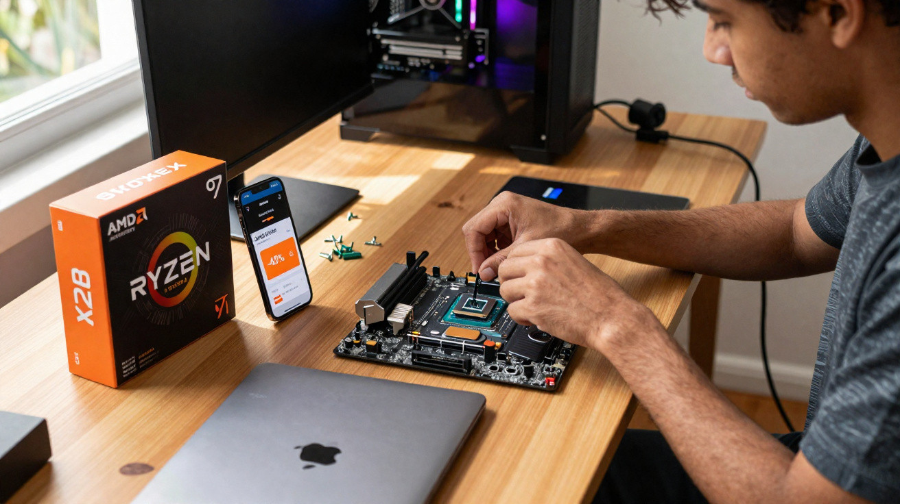 Pessoa instalando processador AMD Ryzen em placa-mãe com caixa, celular e computador na mesa de madeira