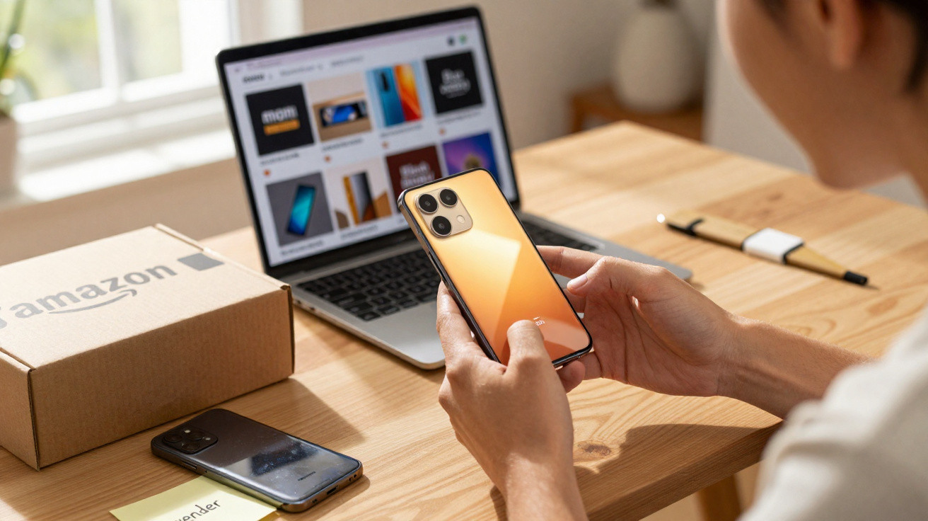 Pessoa segurando smartphone dourado com caixa da Amazon e laptop exibindo site de compras ao fundo.