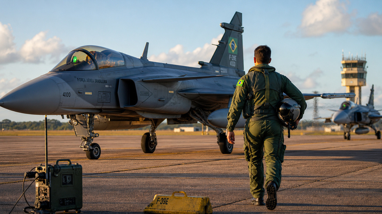 Piloto da Força Aérea Brasileira caminha em direção a caça F-39E estacionado em pista de aeródromo ao entardecer.