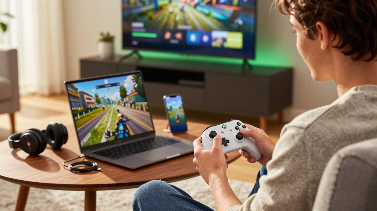 Pessoa jogando videogame com controle branco, com laptop, celular e TV exibindo o mesmo jogo em uma sala.