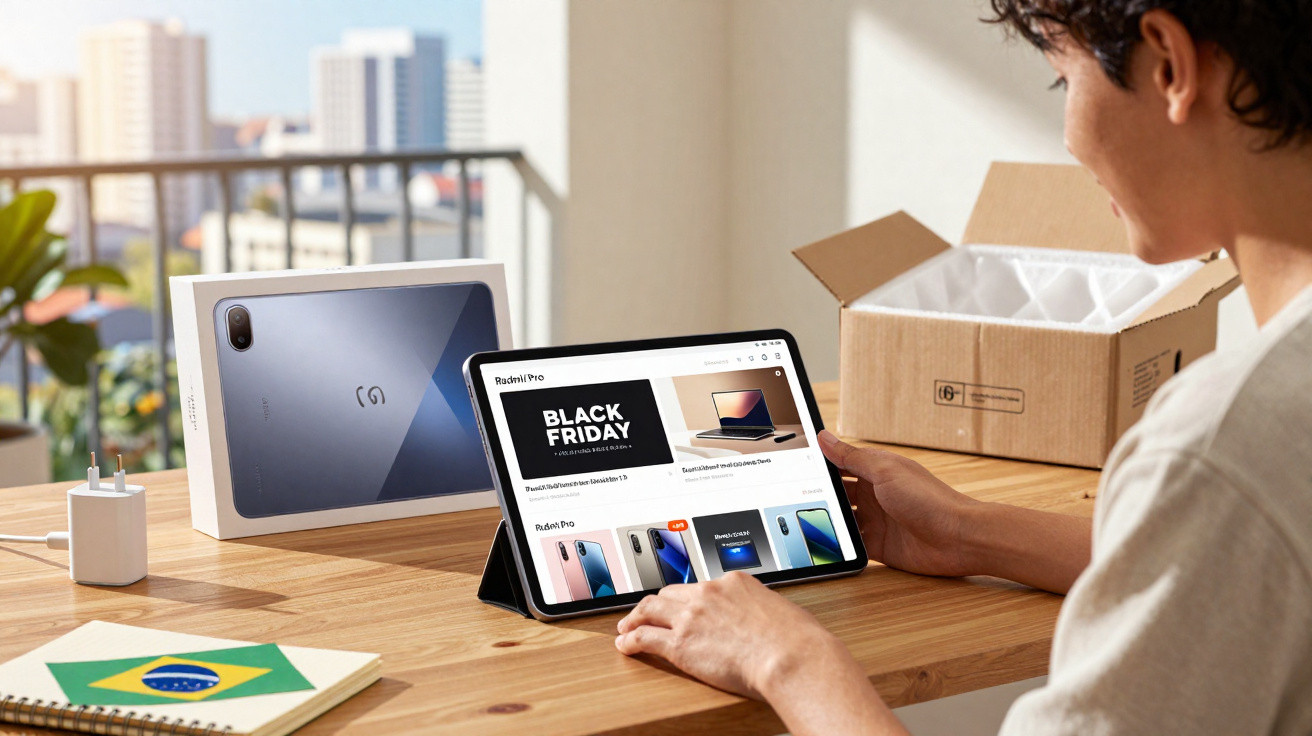 Pessoa usando tablet com anúncio de Black Friday na tela, caixa vazia e estojo sobre mesa de madeira.
