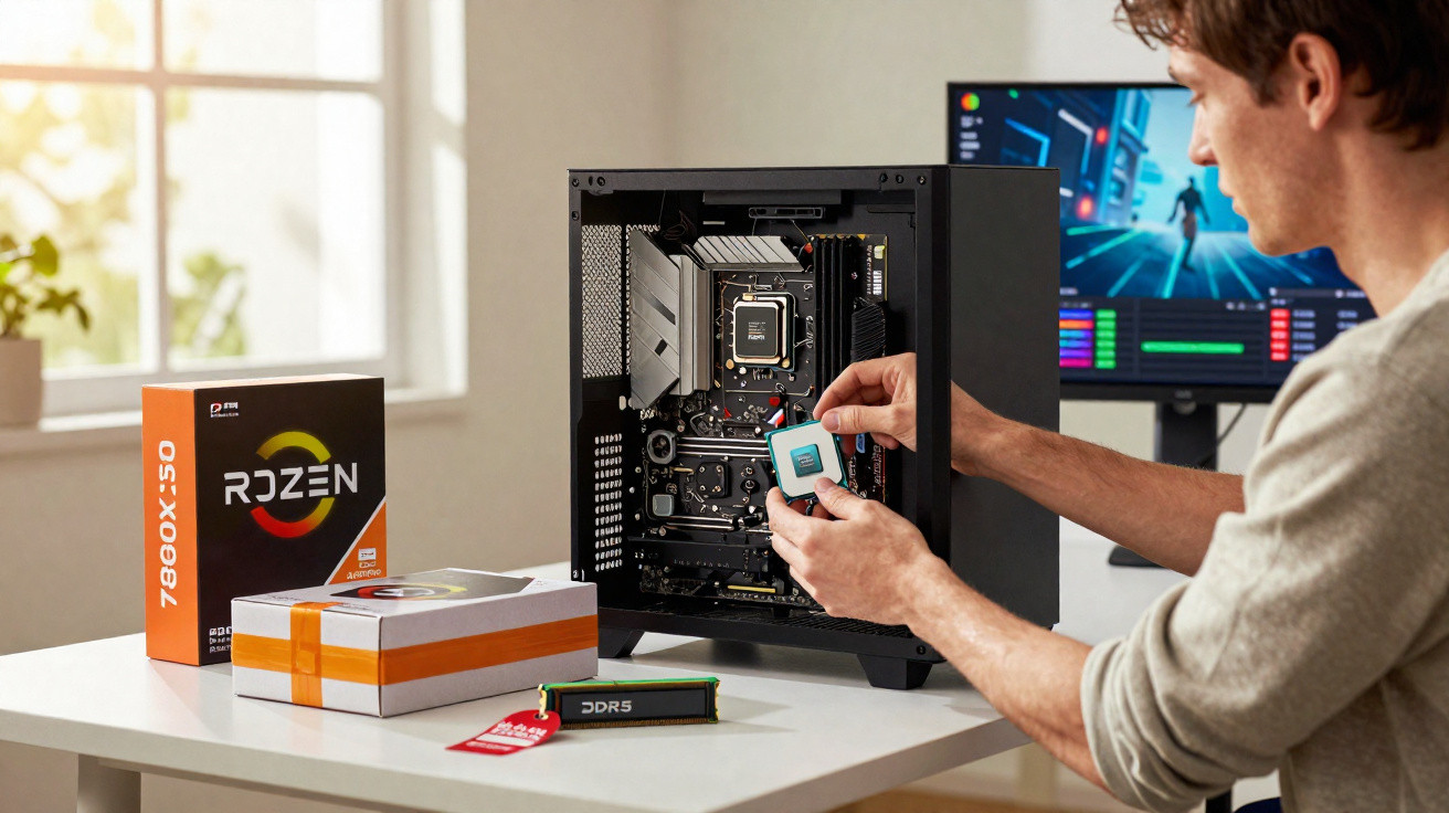 Homem instalando processador em gabinete de computador em mesa com peças de hardware.
