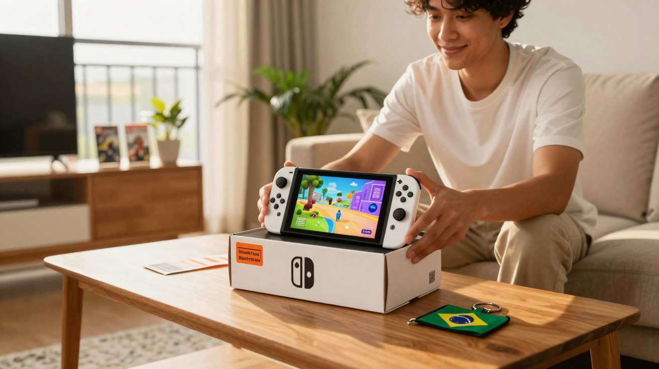 Jovem sentado em sala segurando console de videogame Nintendo Switch com jogo colorido na tela.
