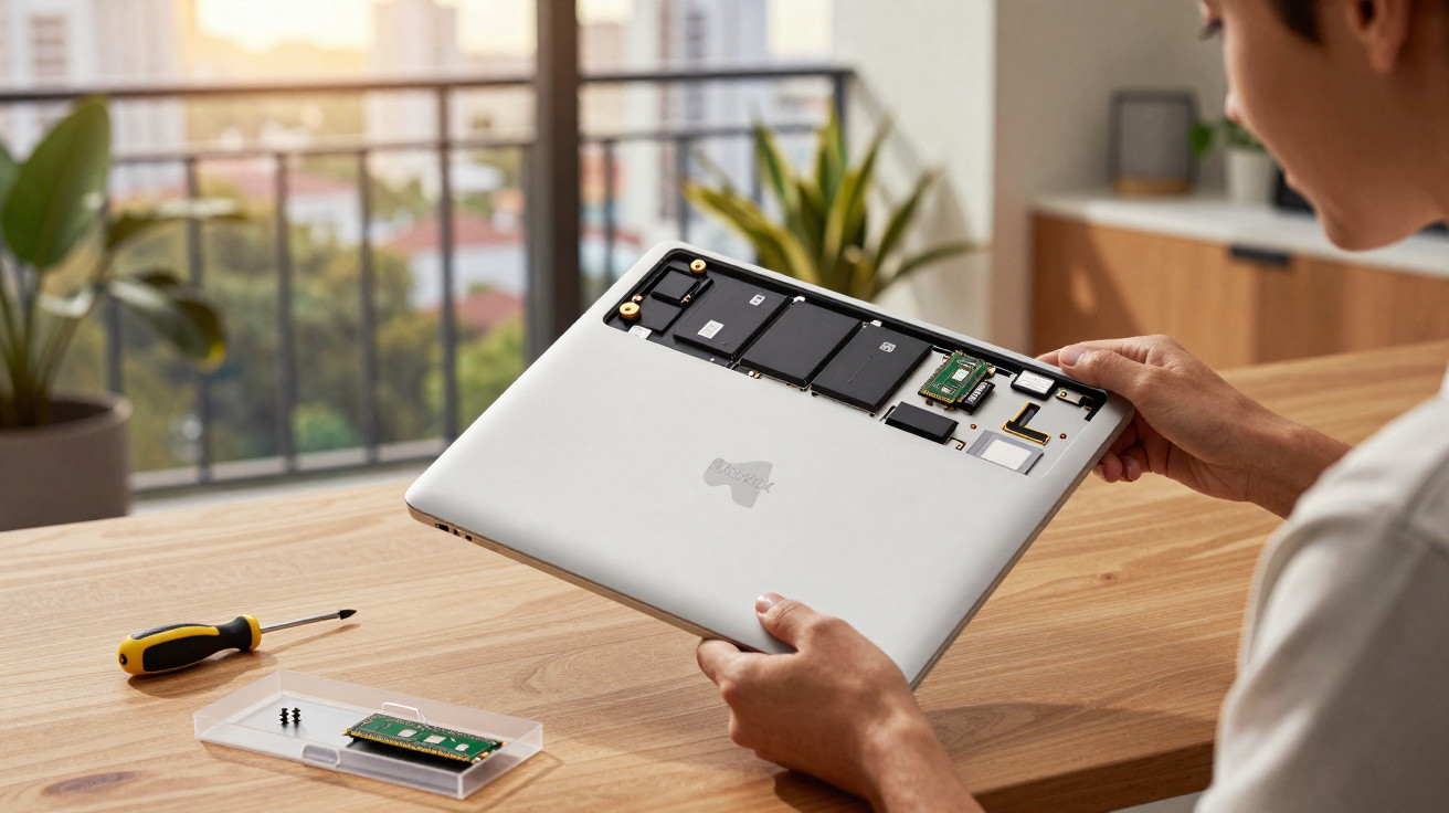 Pessoa segurando um laptop aberto com os componentes internos visíveis em uma mesa com ferramentas.