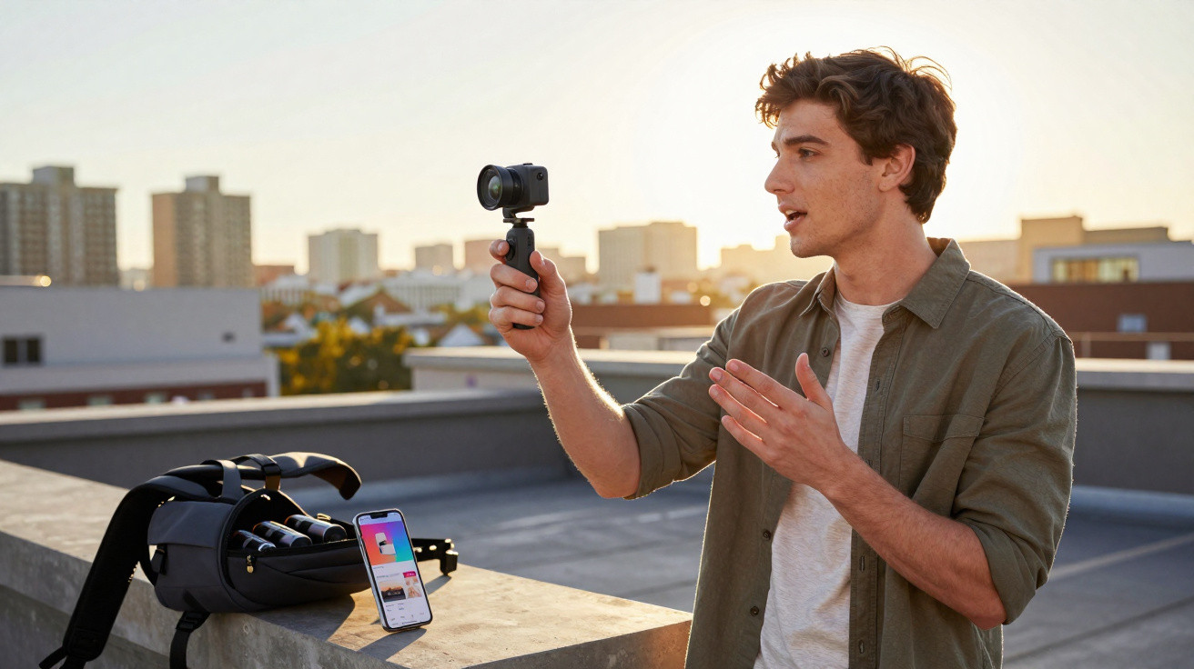Jovem grava vídeo com câmera portátil enquanto está em um terraço ao pôr do sol, com celular e mochila ao lado.
