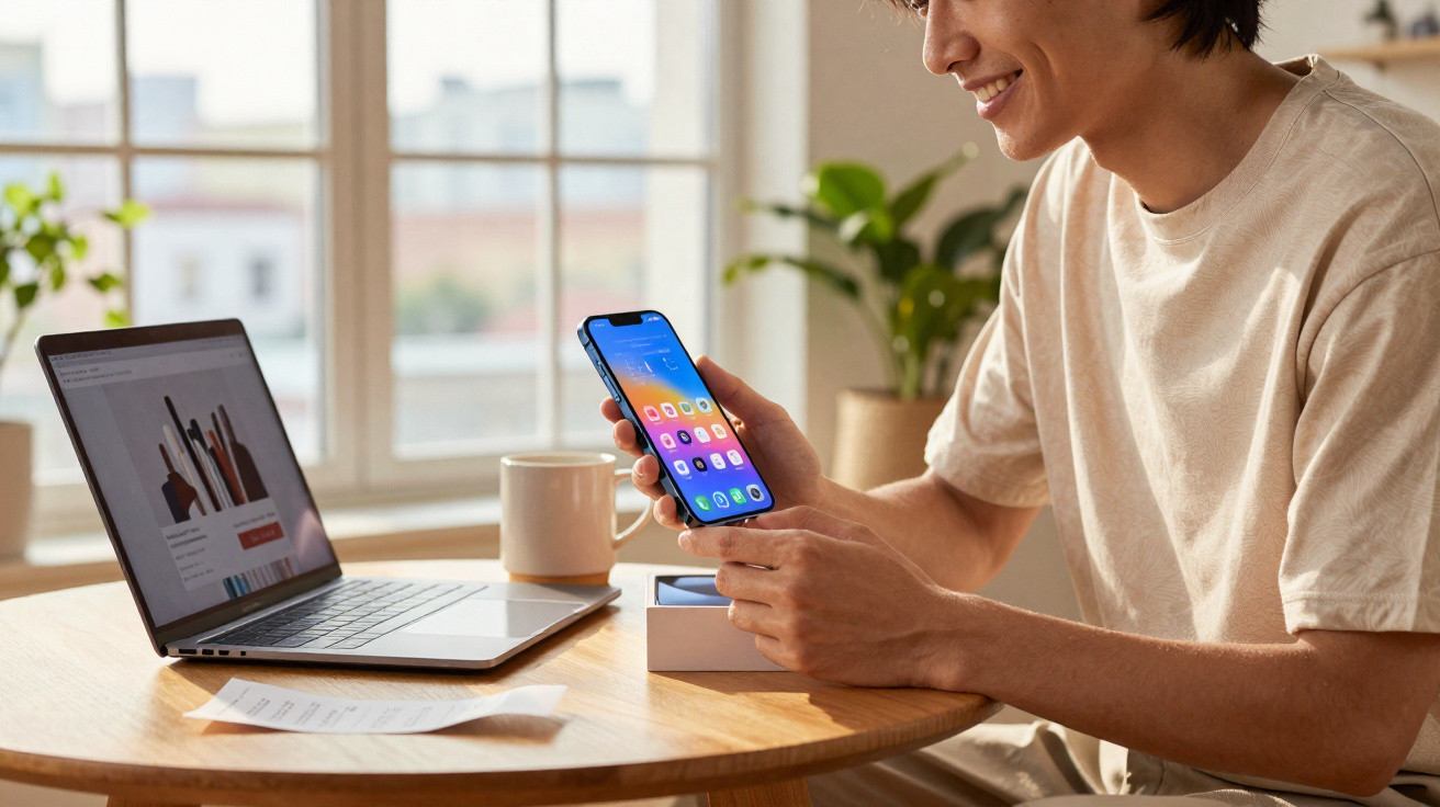 Pessoa sorrindo segurando smartphone ao lado de laptop aberto em mesa de madeira junto com xícara e documento.
