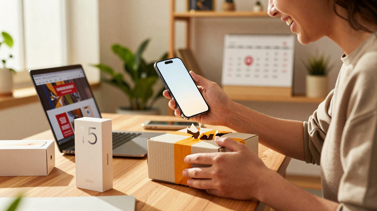 Pessoa segurando smartphone branco recém-retirado de embalagem em mesa com laptop e calendário ao fundo.