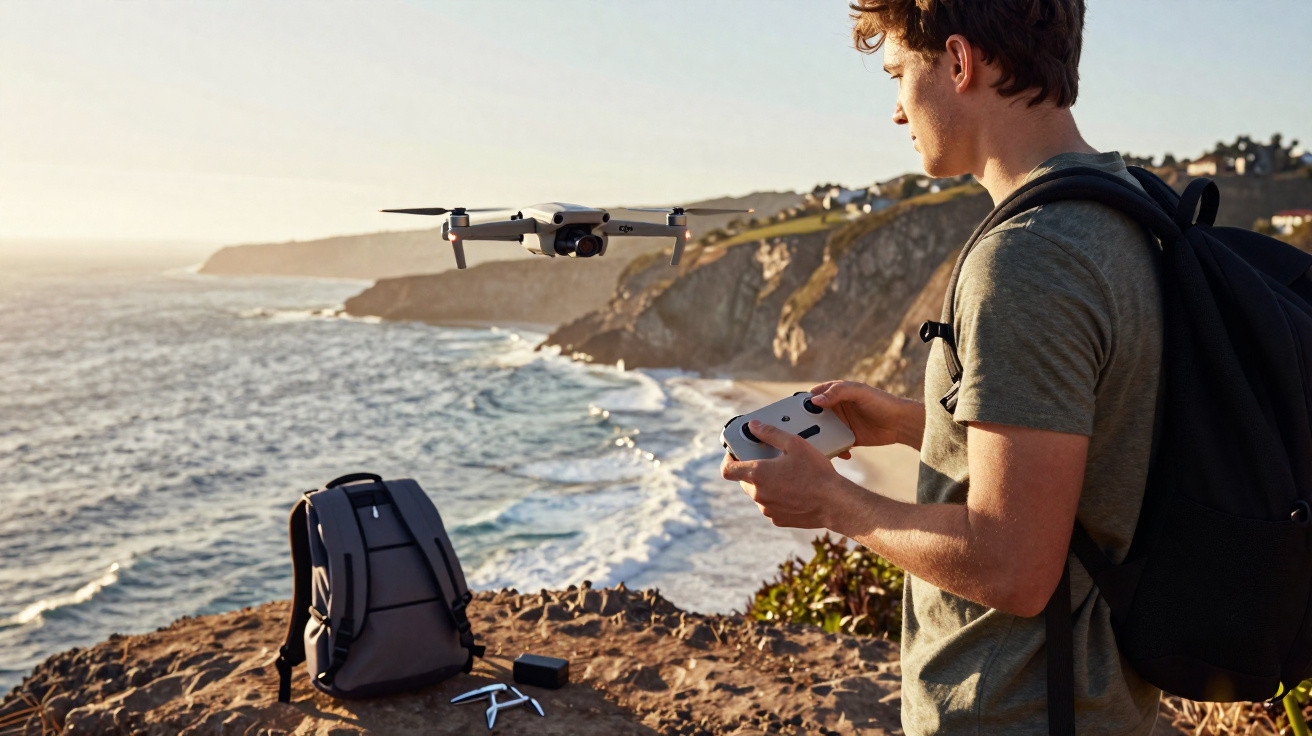 Jovem com mochila controla drone branco em penhasco à beira-mar durante o pôr do sol.