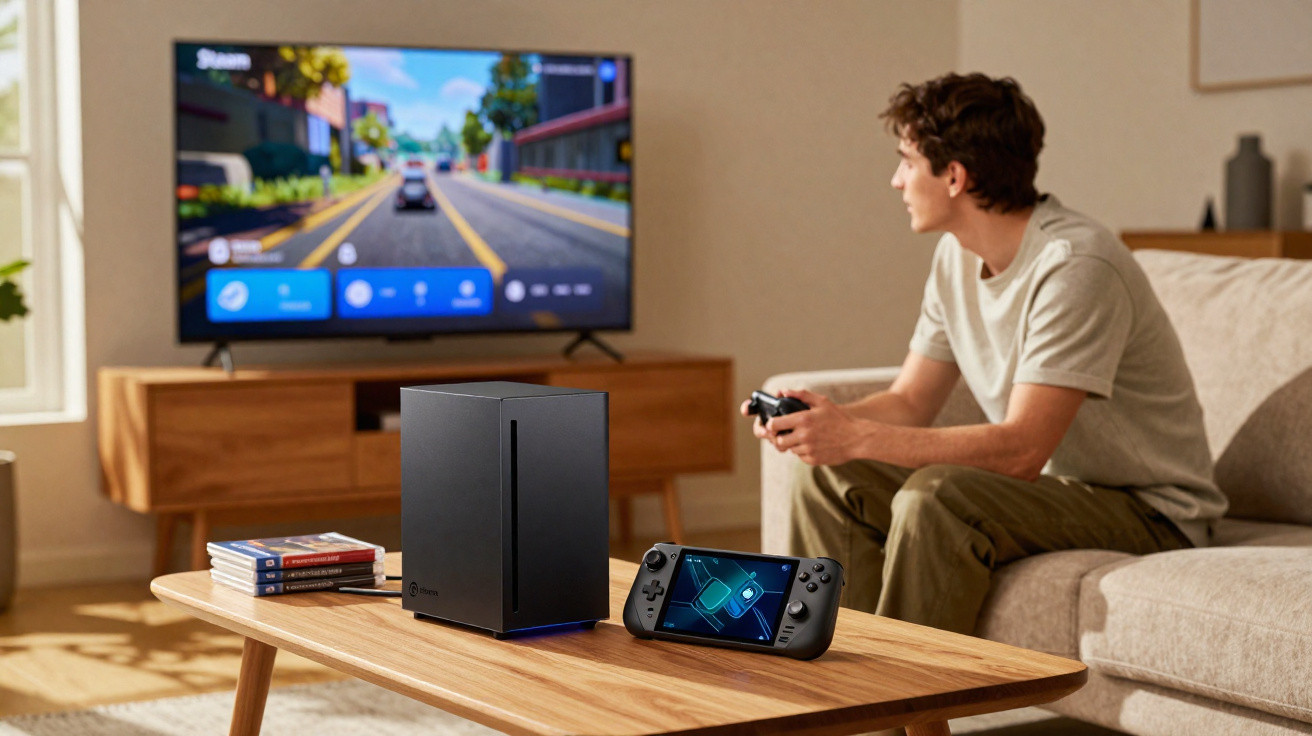 Jovem sentado no sofá jogando videogame com controle, TV e console sobre mesa de madeira.
