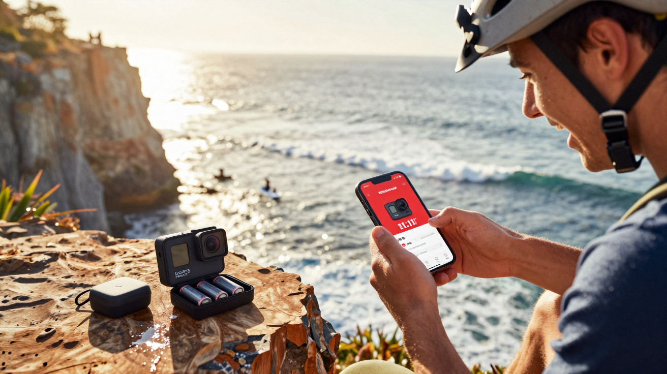 Homem com capacete controla GoPro pelo celular sentado em penhasco com vista para o mar.