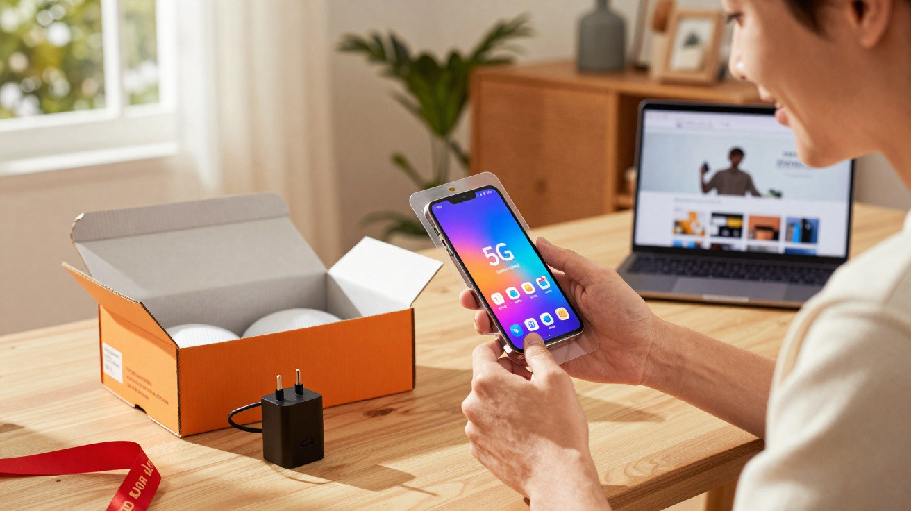 Pessoa segurando celular novo com embalagem, carregador e laptop ao fundo em mesa de madeira.