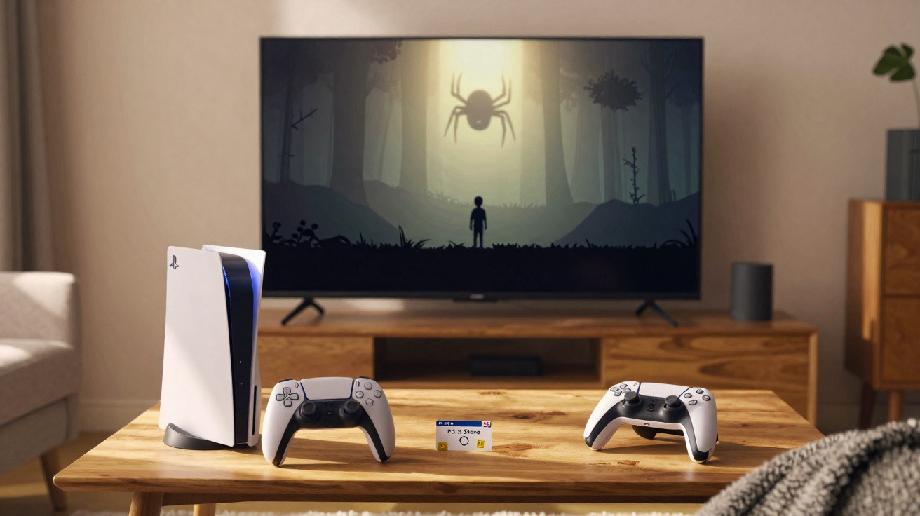 Sala de estar com videogame PlayStation 5, dois controles no sofá e jogo de suspense na TV.