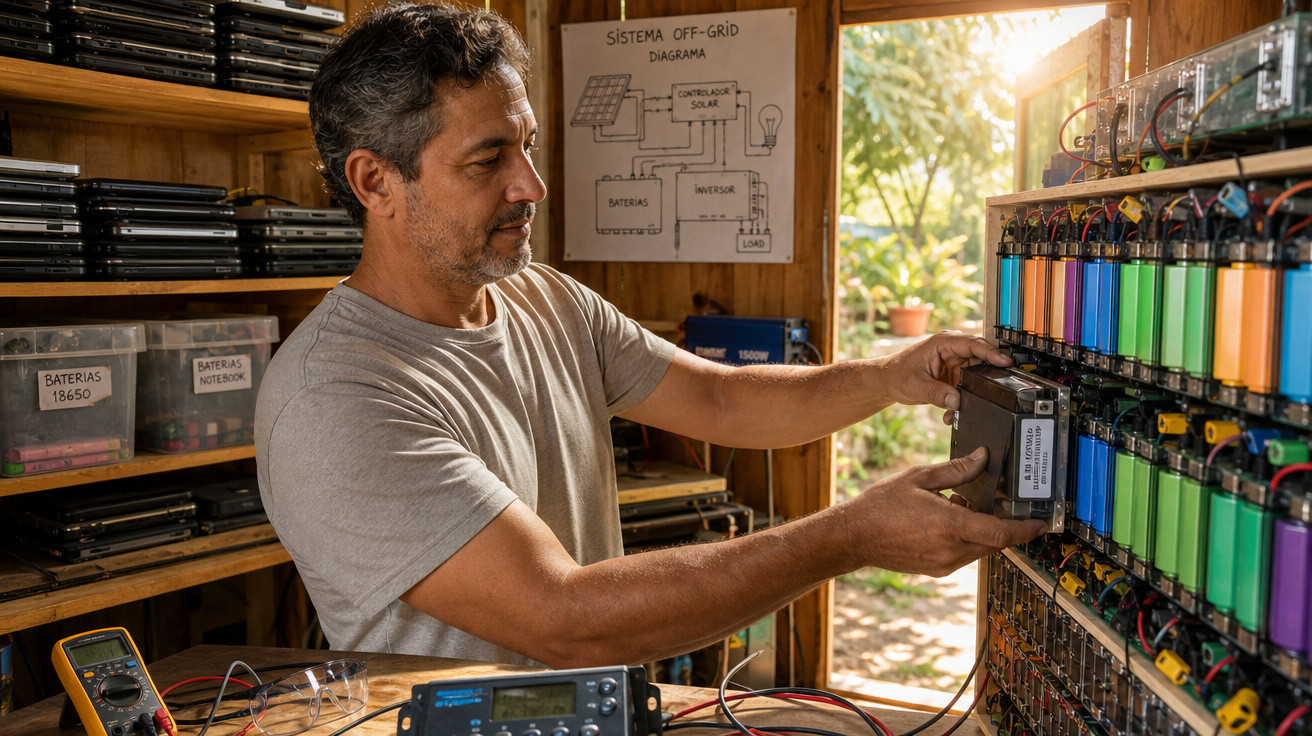 Homem ajusta bateria em sistema de energia off-grid com células coloridas em oficina iluminada pela luz natural.