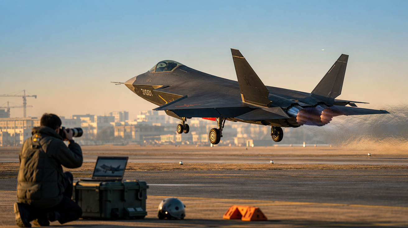 Caça stealth decolando enquanto fotógrafo registra cena em pista de aeroporto ao amanhecer.