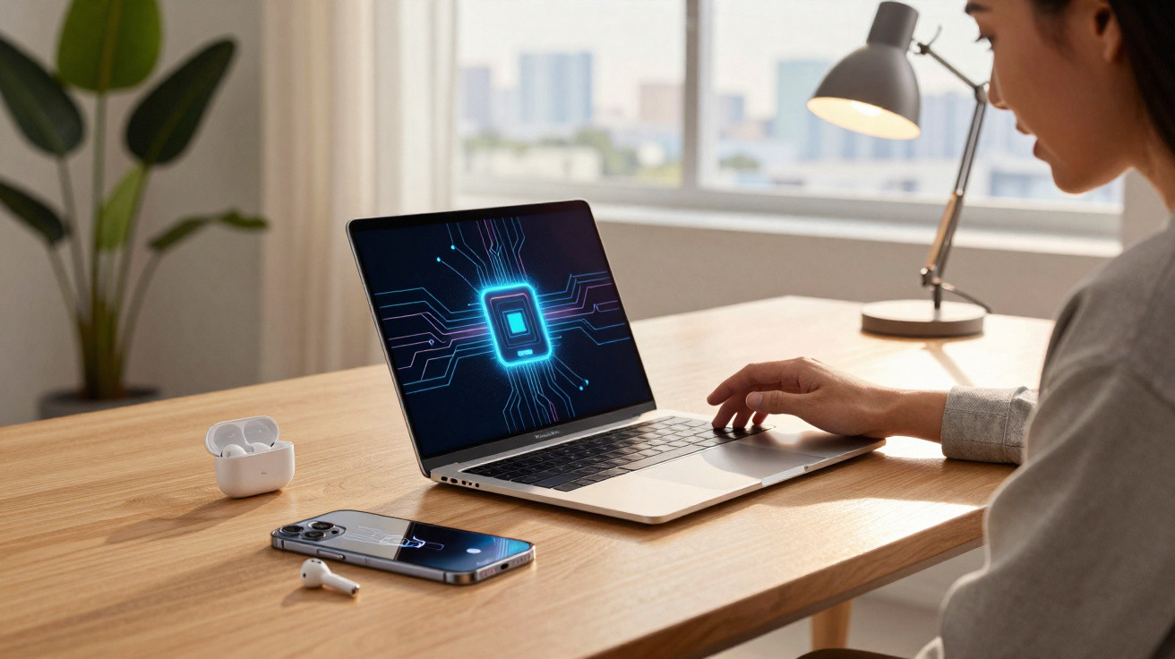 Pessoa usando laptop com gráfico de chip eletrônico na tela, ao lado de celular e fones sem fio em mesa.