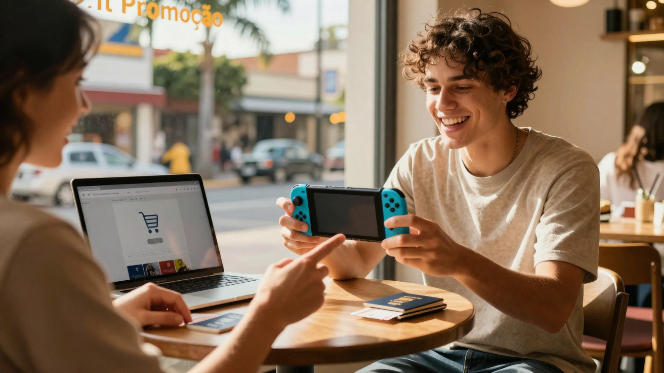 Homem sorridente segurando console portátil enquanto mulher mostra algo em smartphone em café.