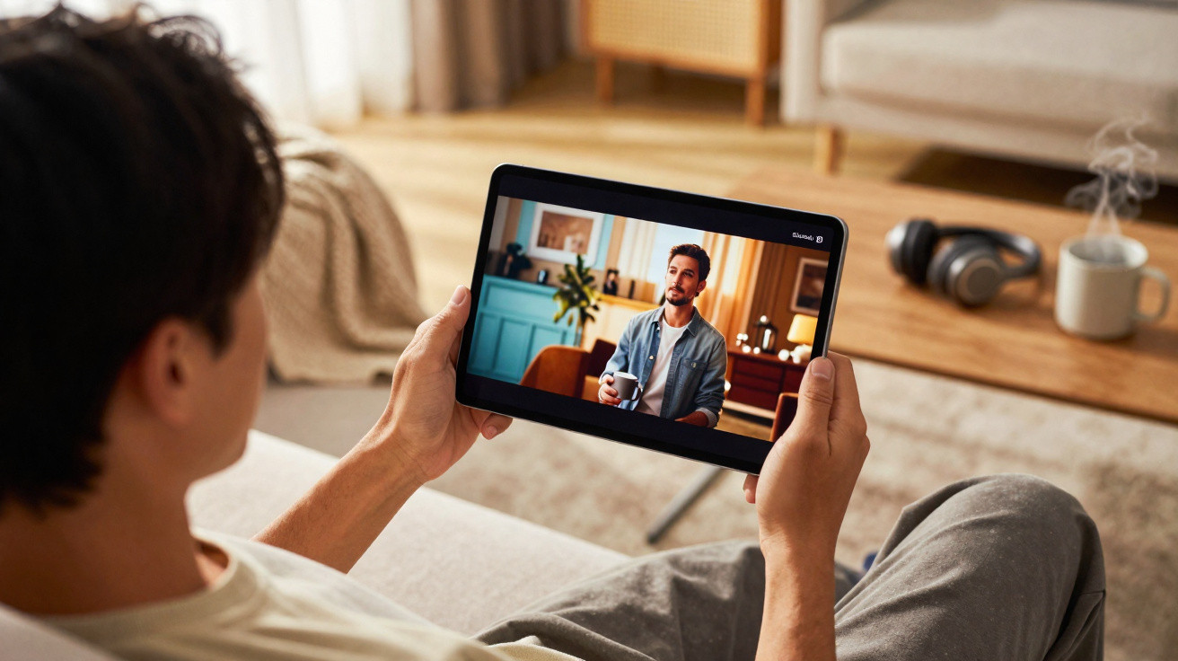 Pessoa assistindo vídeo de homem segurando xícara em tablet sentado em sofá confortável em casa.