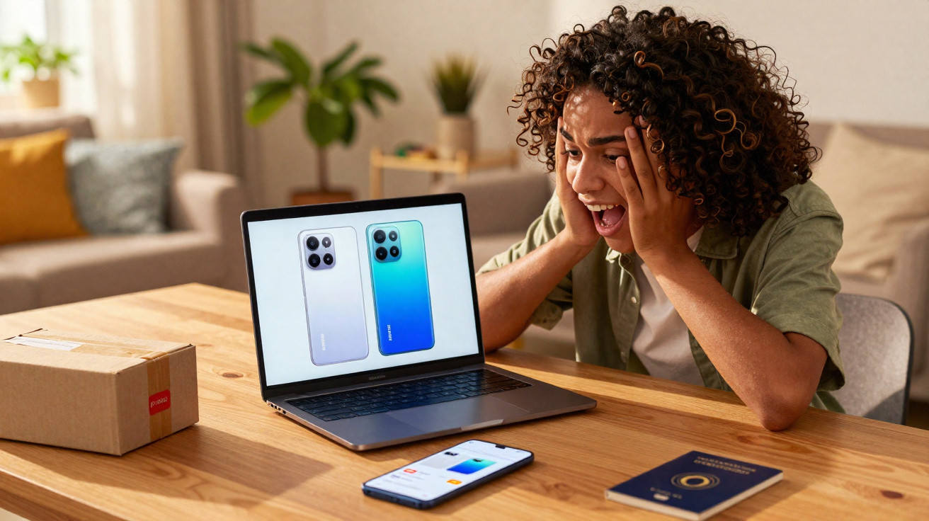 Homem surpreso olhando para um laptop com imagens de celulares, sentado à mesa com pacote e passaporte.