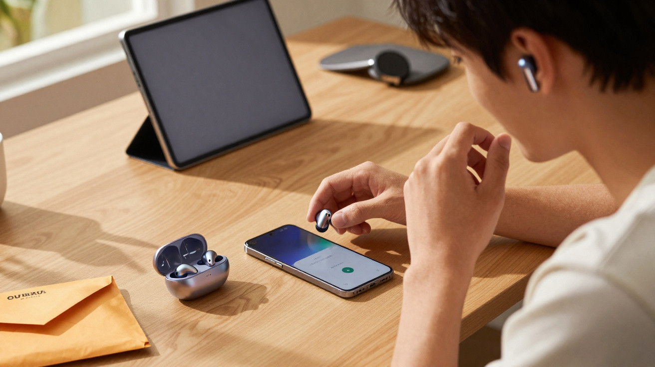 Pessoa usando fone de ouvido wireless conectado a smartphone sobre mesa com tablet e envelope.