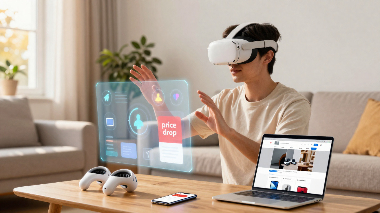 Jovem usando óculos de realidade virtual interagindo com holograma enquanto está sentado à mesa com laptop e controles.