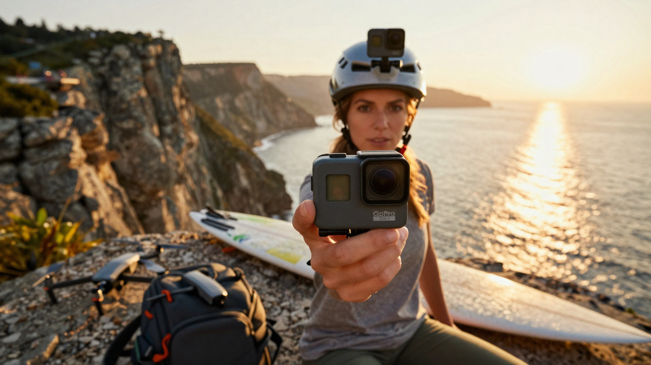 Mulher com capacete segurando câmera GoPro à beira de penhasco com prancha e mochila ao pôr do sol.