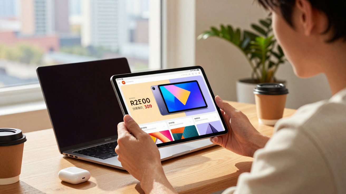 Pessoa segurando tablet com promoção de eletrônico, ao lado de notebook, fones e café em mesa perto da janela.