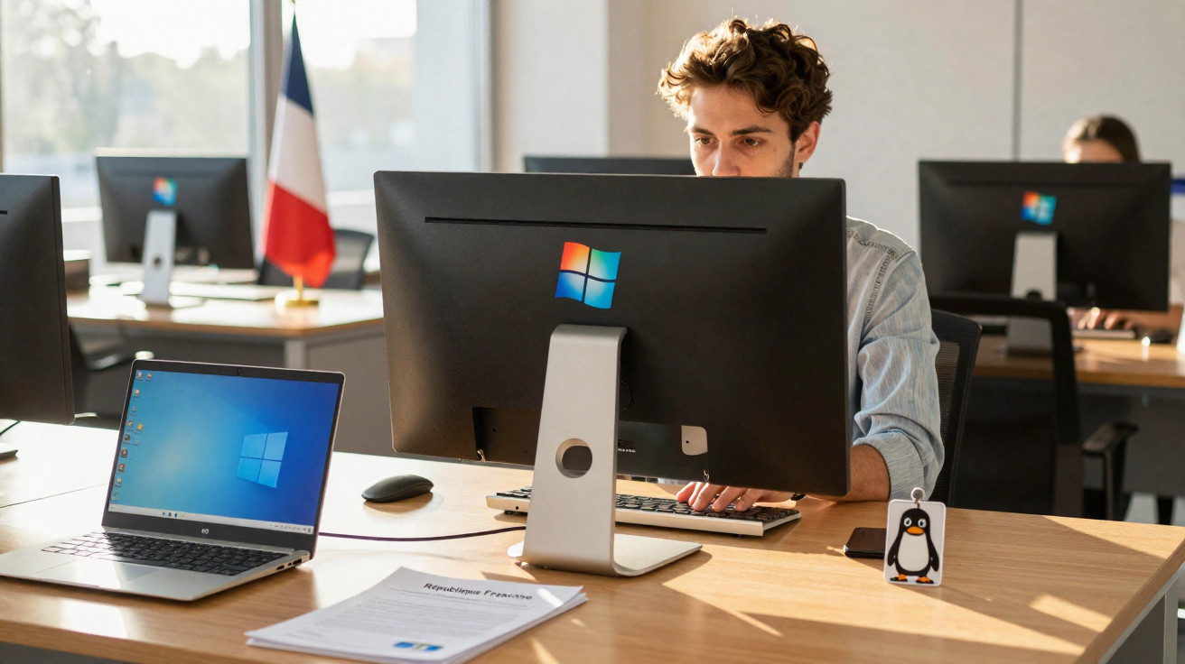 Homem trabalhando em escritório com computador desktop e notebook com Windows, bandeira da França ao fundo.