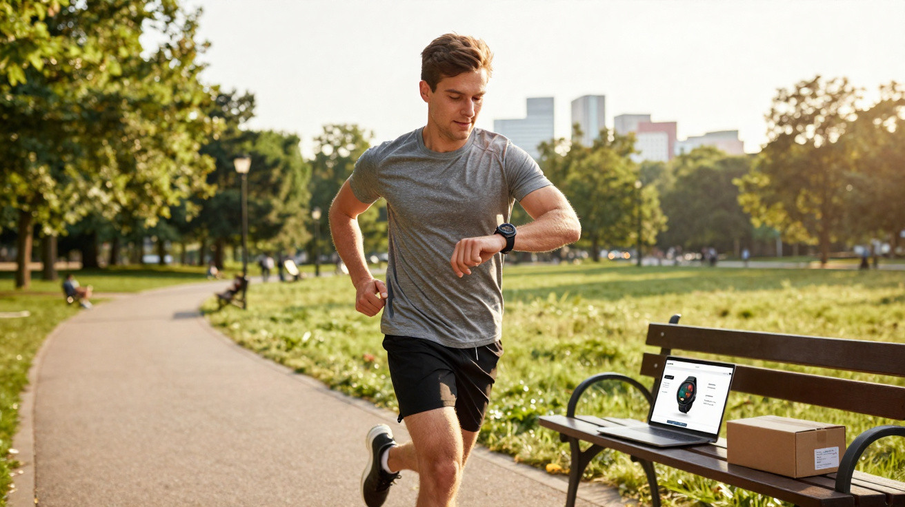 Homem correndo em parque olhando pulseira de monitoramento fitness no pulso em dia ensolarado.